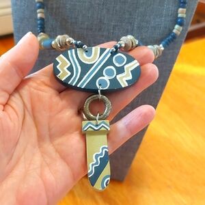 Blue Taupe Aztec Design WOOD Bead Necklace BOHO 18"